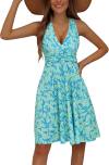 HUHOT Women's Summer Sundress Sleeveless Halter Neck Spring Boho Floral with Pocket Elastic Waist Ruffle Mini Dresses 2024