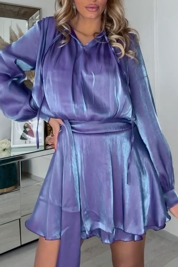 Women's Fashion V-Neck Glossy Long Sleeve Short Dress