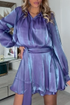 Women's Fashion V-Neck Glossy Long Sleeve Short Dress