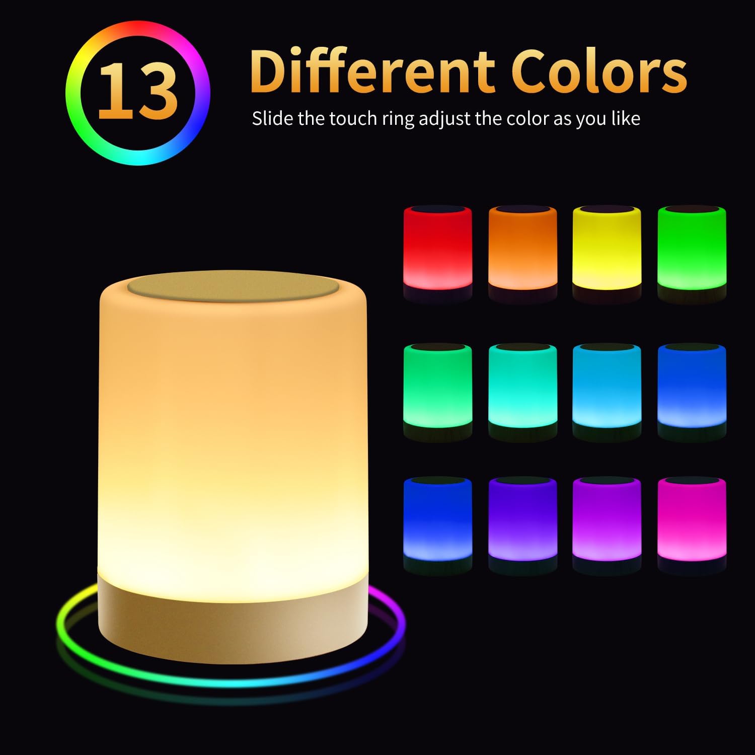 Touch Bedside Table Lamp,13 RGB Colors & 5 Brightness, USB Rechargeable Desk Lamp, Remote Control Dimmable Night Light with RGB Color Changing,Portable Lamp for Baby, Bedroom, Living Room