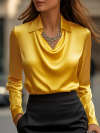Elegant White Satin Blouse with Draped Neckline
