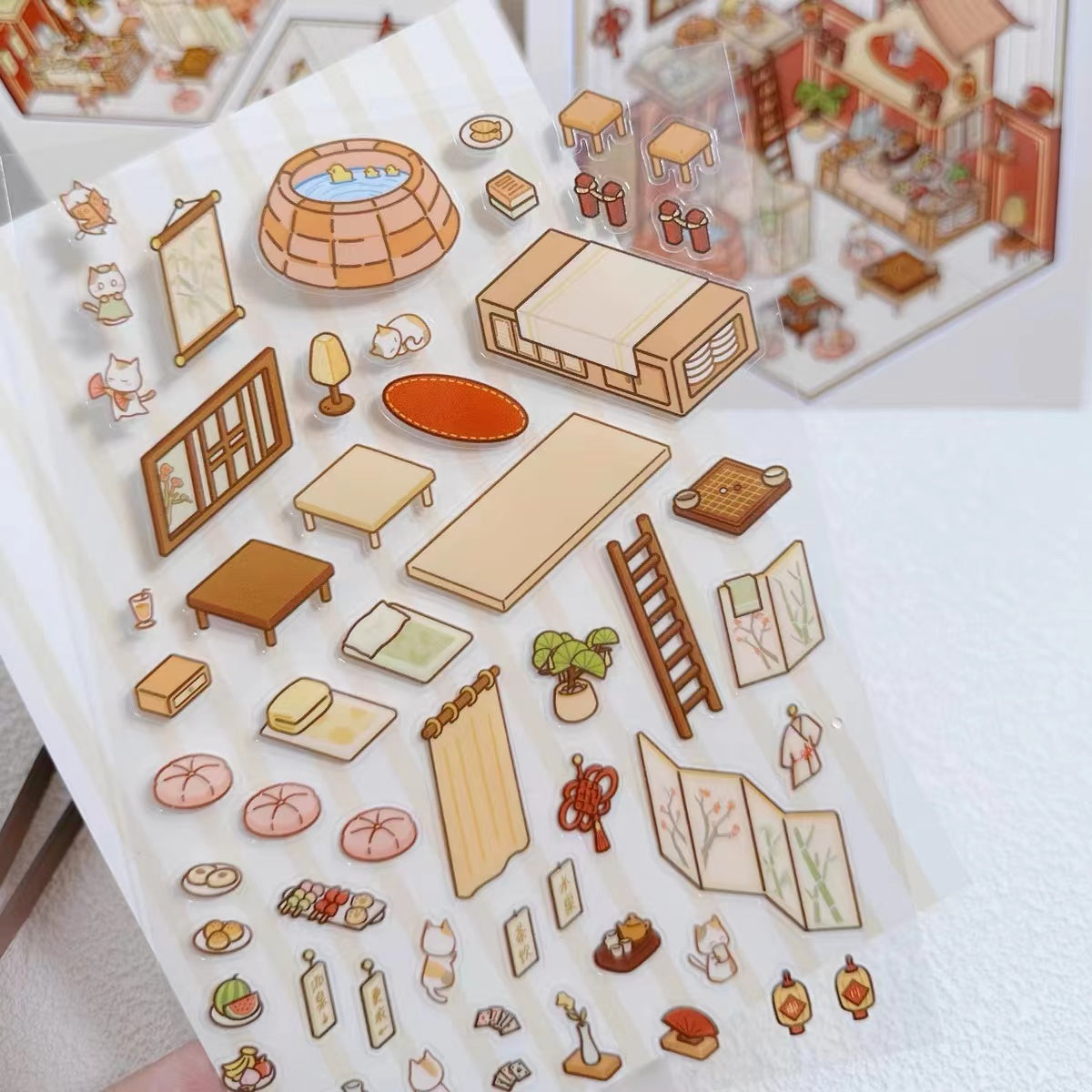 DIY Miniature Sticker Scene,Cat Burger Shop|Ferris Wheel Sushi|Hot Spring|Pizza Shop