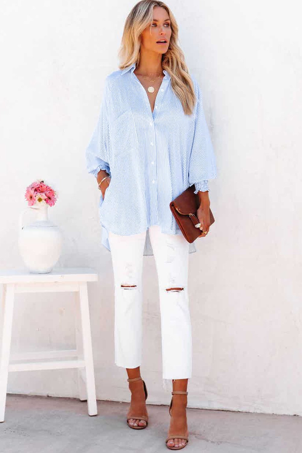 💥LAST DAY SALE 50% OFF💥Mid-Length Smocked Shirt With Striped Lapel And Oversized Drawdown Sleeves