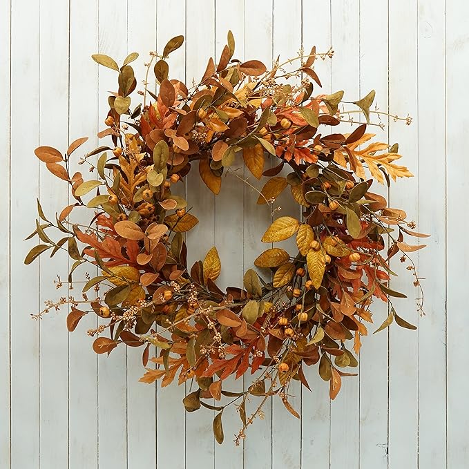 🍁🎁 Front Door Autumn Wreath Handmade Artificial Wreath with Bright Oak Leaves, Small Pumpkins, Berry Branches, 🎄 Mixed Leaves for Farmhouse Indoor and Outdoor Window Wall Door Decoration