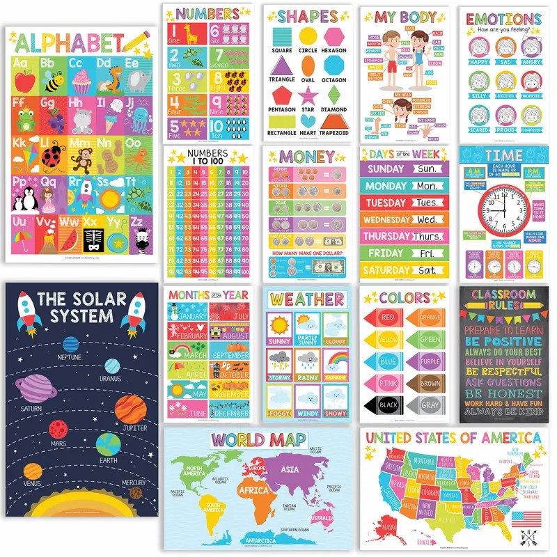 16-Pack Vibrant Educational Posters for Classroom & Homeschool