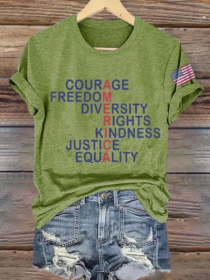 Retro America Courage Freedom Diversity Rights Kindness Justice Equality Print T-Shirt