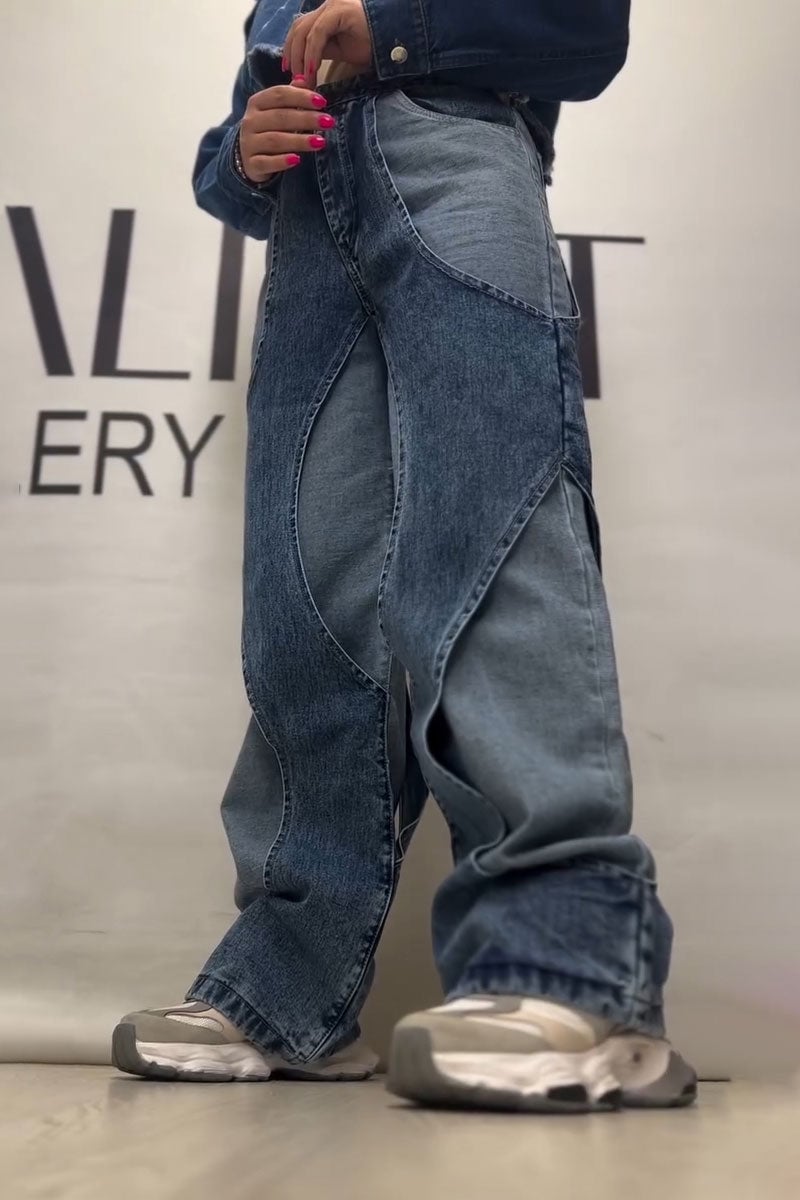 Women's Fashion Fake Two-Piece Set Contrast Color Stitching Hollow Jeans