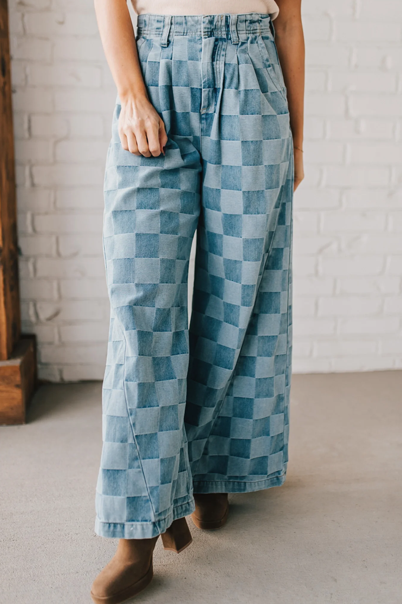 Women's Fashion High Rise Plaid Wide Leg Jeans