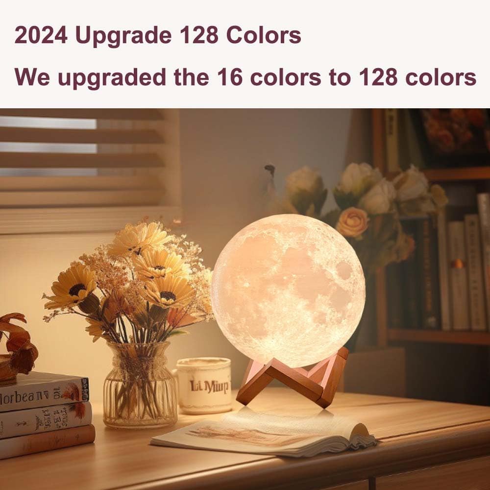 CPLA Moon Lamp 2024 Upgrade 6inch 128 Colors, Kids Room Decor Home Decor- 3D Printing Moon Night Light for Kids Adults- Gifts for Girls Boys Men Women Birthday- Wooden Stand & Remote/Touch Control