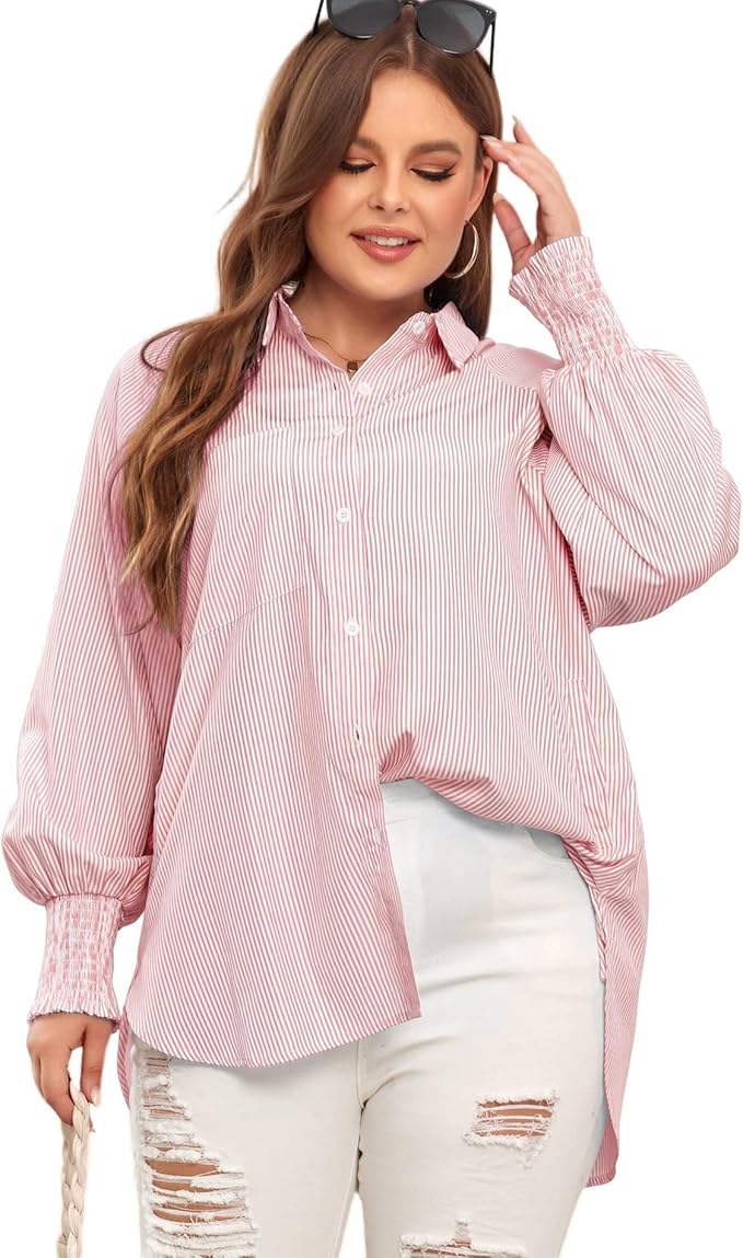 💥LAST DAY SALE 50% OFF💥Mid-Length Smocked Shirt With Striped Lapel And Oversized Drawdown Sleeves