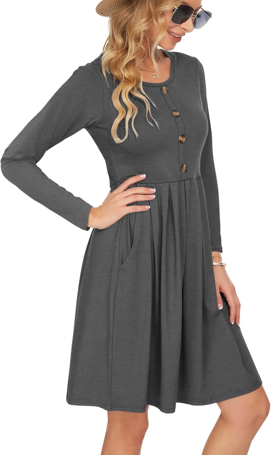 AUSELILY Women's Long Sleeve Pleated Loose Swing Casual Dress with Pockets Knee Length