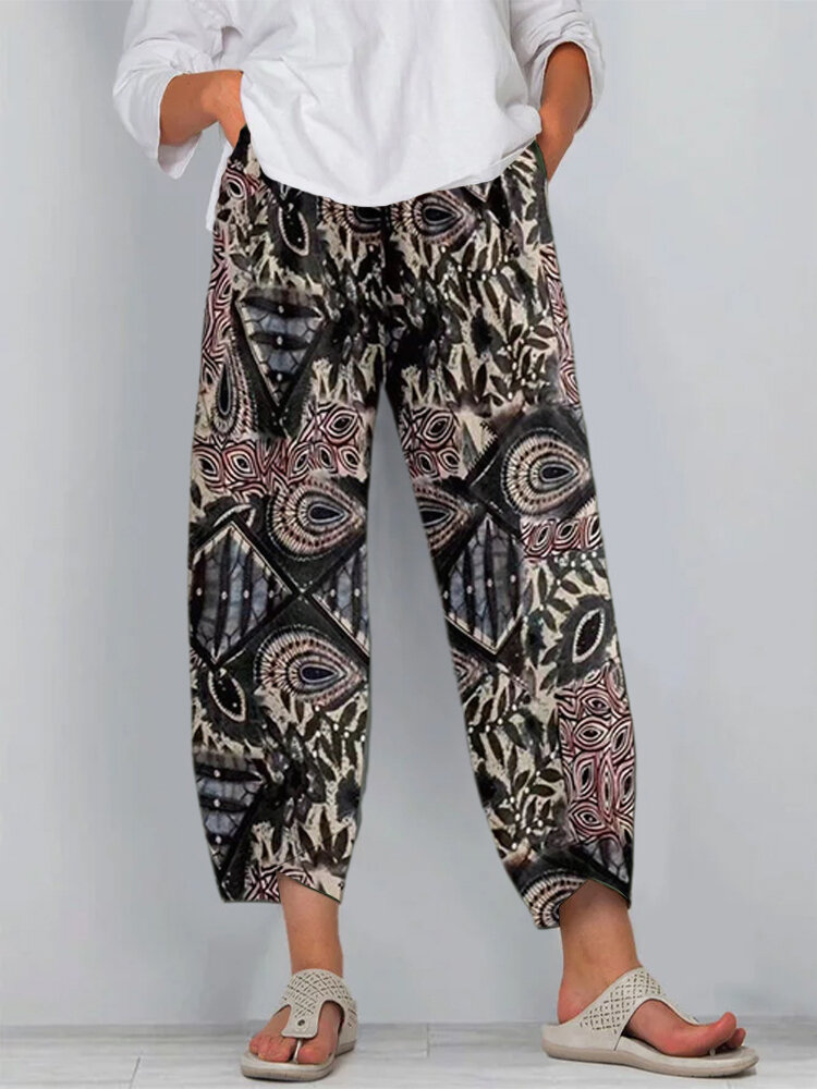 Women Irregular Rendering Printed Ethnic Pocket Pants