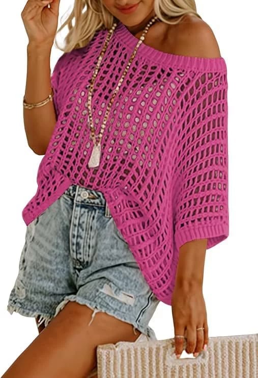 🎁TikTok Last Day Sale - 70% OFF🎉 Womens Summer Scoop Neck ShortSleeve Sweater Casual Crochet Hollow Out KnitTops