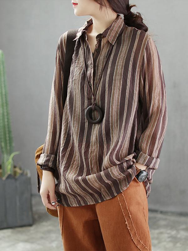 Gracie Vintage Contrasting Vertical Stripes Print Lapel Tops