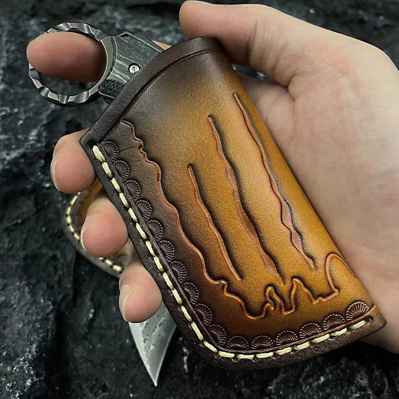 Handmade Damascus steel Folding Pocket EDC Knife-with cowhide sheath And pocket clip