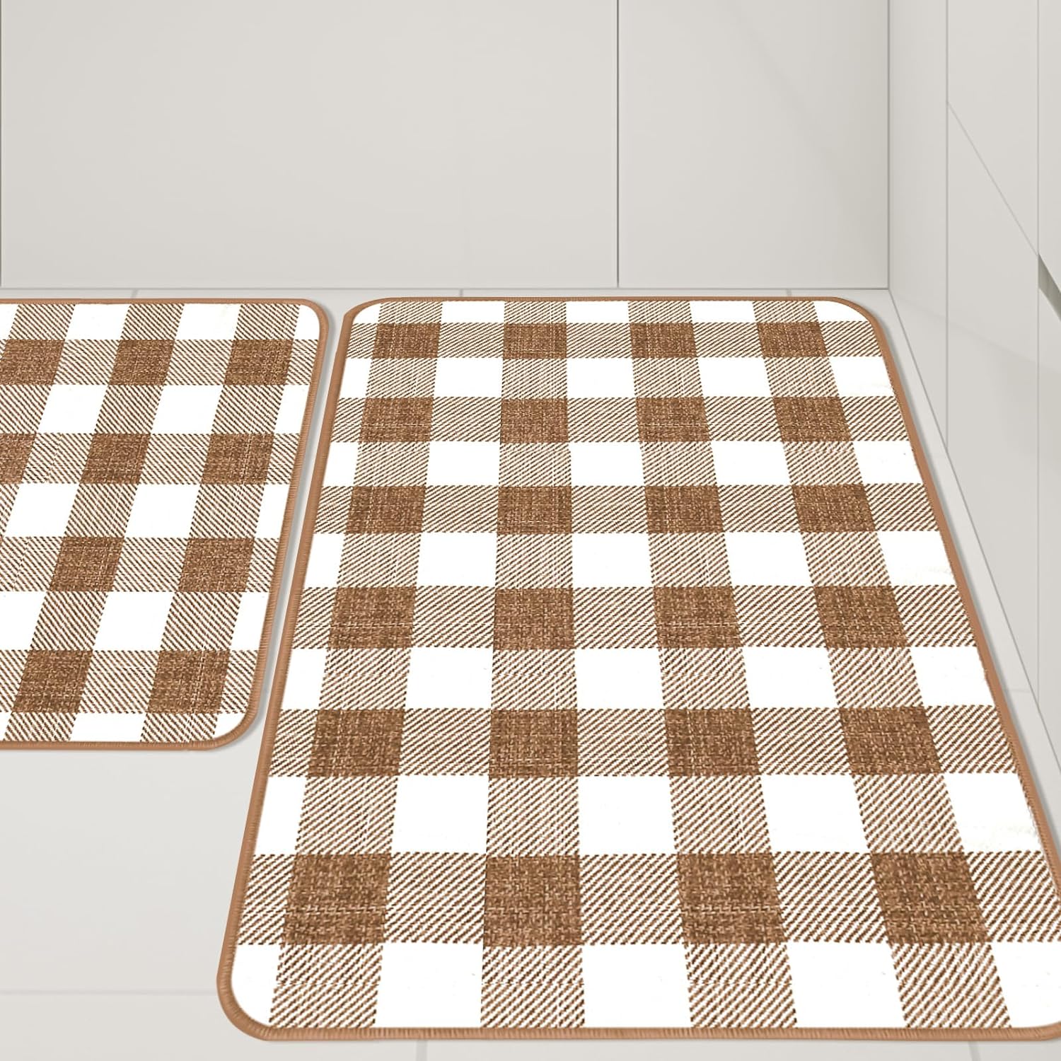 Buffalo Check Plaid Kitchen Rug Set - 2PCS (17x47 & 17x29), Farmhouse Style, Non-Printed Woven Surface, Non-Slip, Machine Washable, Black & White