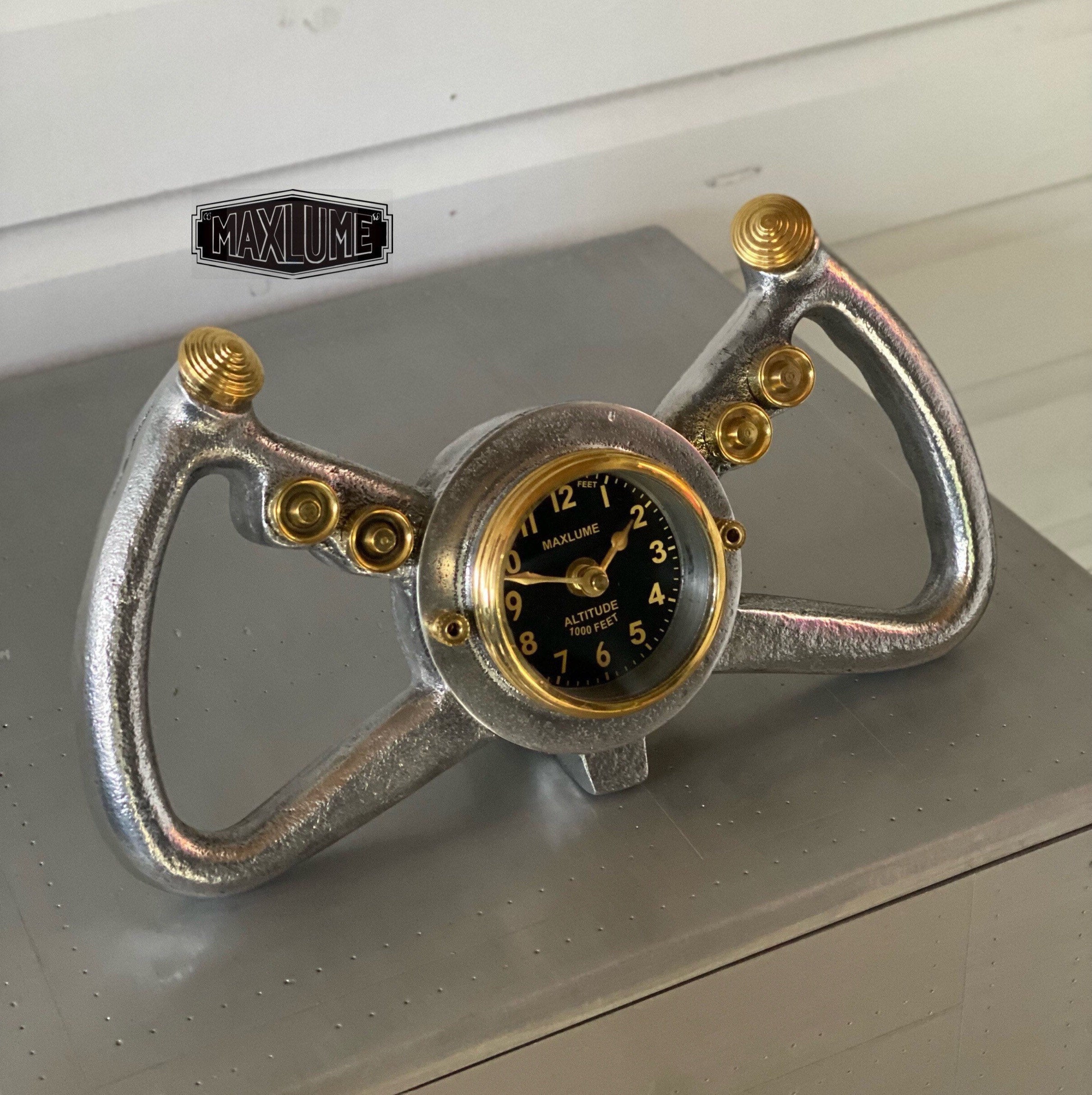 Cockpit Pilots Yoke Aviator Solid Brass Ships Clock Compass Nautical Vintage Industrial Pilot Decor