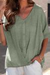 Women's cotton and linen V-neck pullover short-sleeved loose top