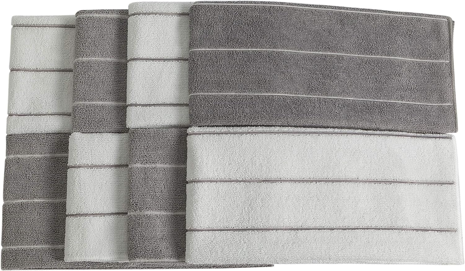 Microfiber Kitchen Towels - Super Absorbent, Soft and Solid Color Dish Towels, 8 Pack (Stripe Designed Grey and White Colors), 26 x 18 Inch