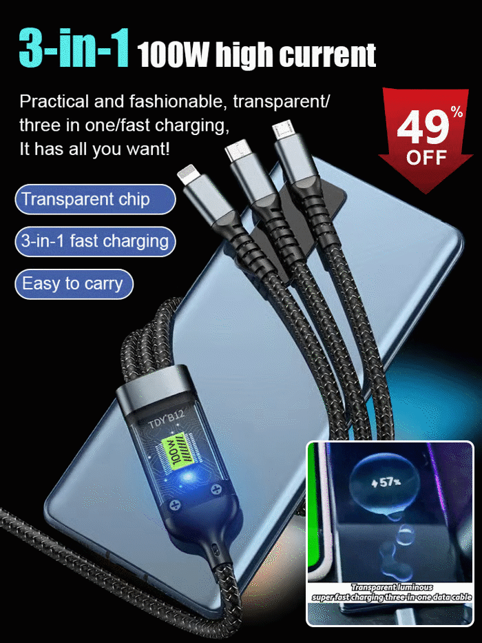 🔥Kaufen Sie 1 und erhalten Sie 1 gratis🔥Transparentes, leuchtendes, superschnelles 3-in-1-Datenkabel