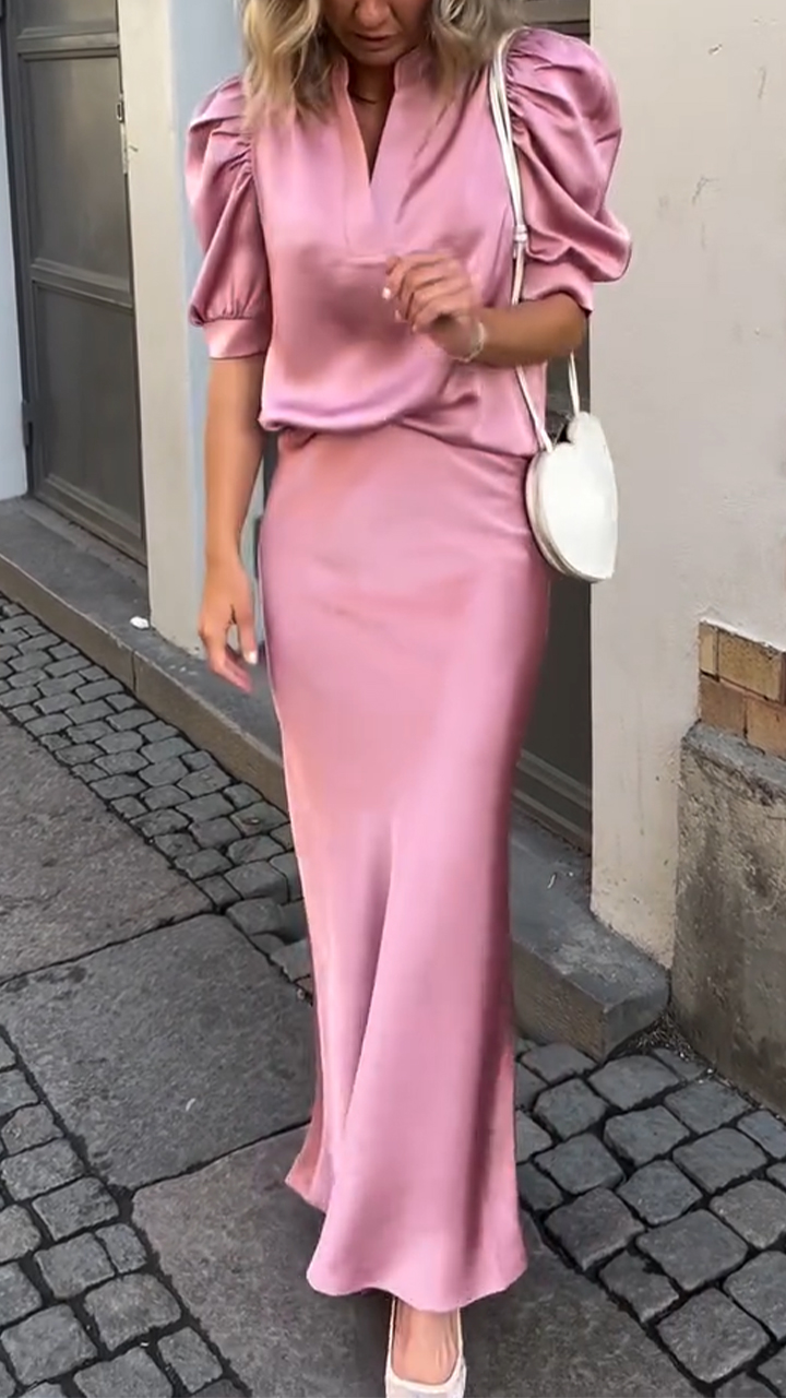 Women's V-neck Satin Top+midi Skirt Temperament Commuting Set