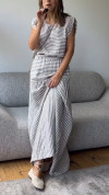 Ladies' Round Neck Striped Top+patchwork Skirt Casual Suit