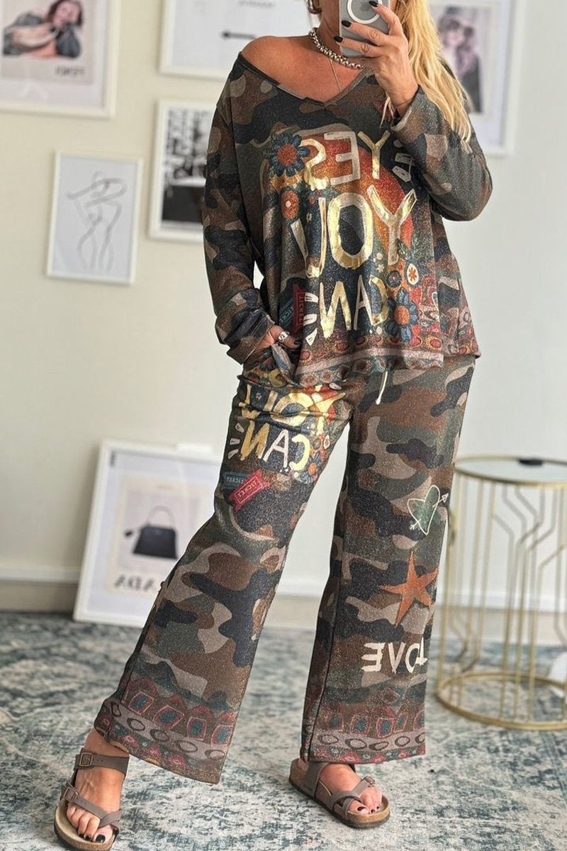 Women's V-neck Long-sleeved Camouflage Casual Suit