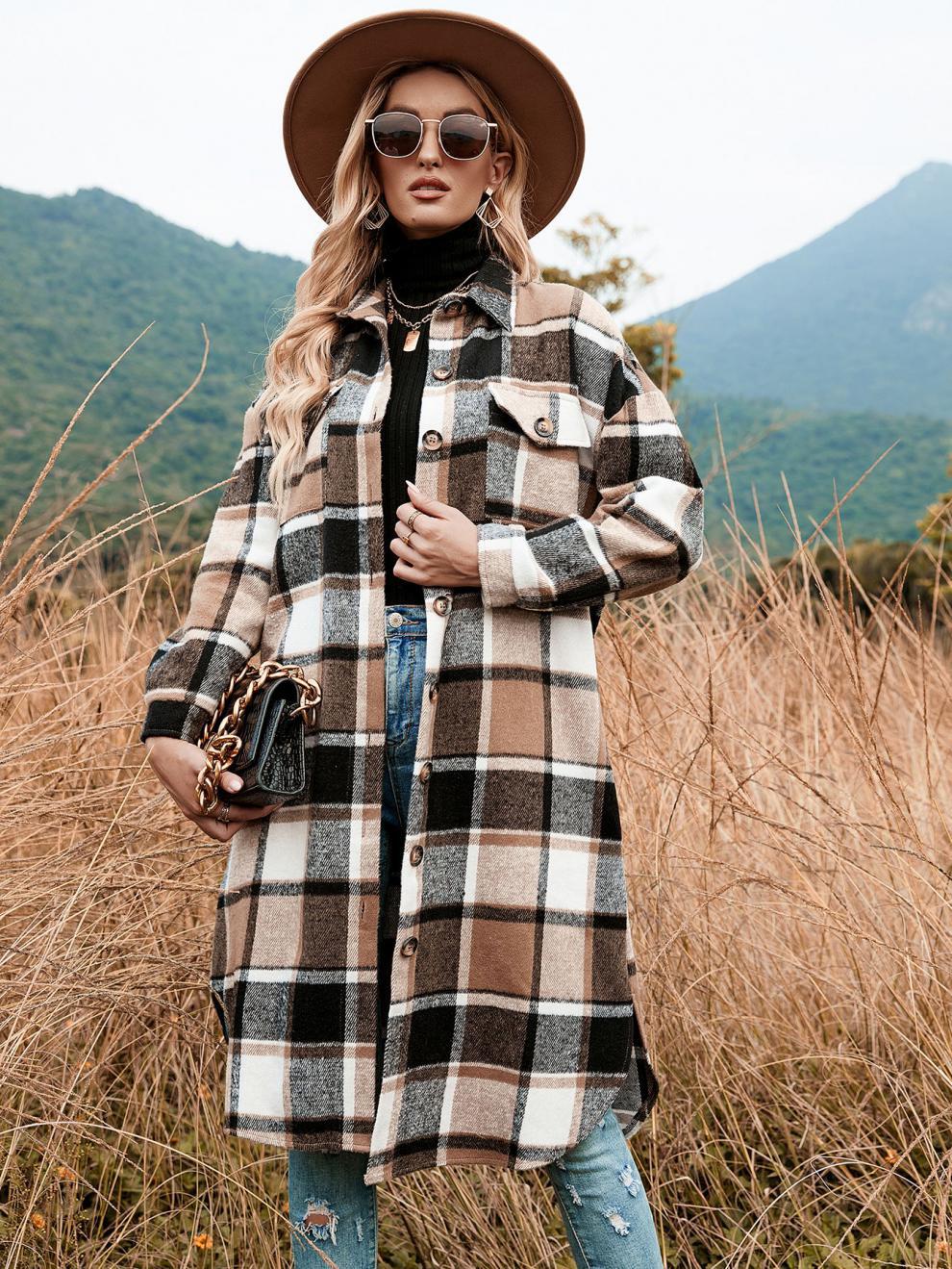 🔥 Last Day Promotion 50% OFF 🔥Women's Plaid Print Button Front Split Long Sleeve Warm Coat