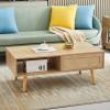 Mid Century Modern Coffee Table with Storage, 41.3 Inch Rectangle Wooden Accent Center Tables with Sliding PE Rattan Woven Door Panel and Solid Wood Legs, Suitable for Living Room, Apartment