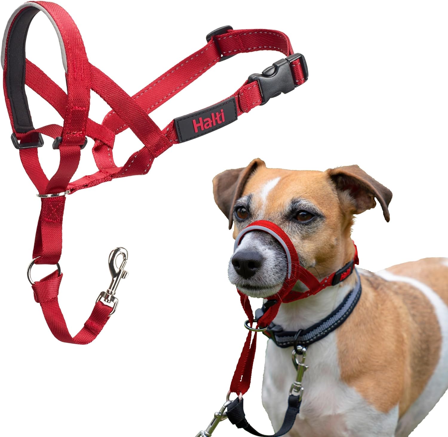 HALTI Headcollar - To Stop Your Dog Pulling on the Leash. Adjustable, Reflective and Lightweight, with Padded Nose Band. Dog Training Anti-Pull Collar for Medium Dogs (Size 3, Red)