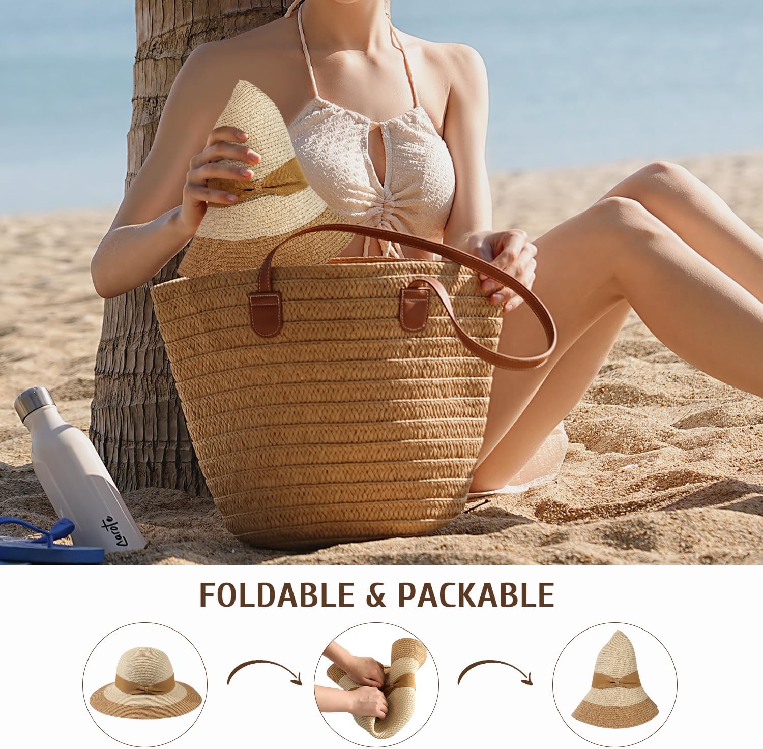 Beach Hat for Women, Wide Brim Sun Straw Hat for Women, Sun Hat Womens UPF 50+ UV Protection, Floppy Foldable Summer Hat