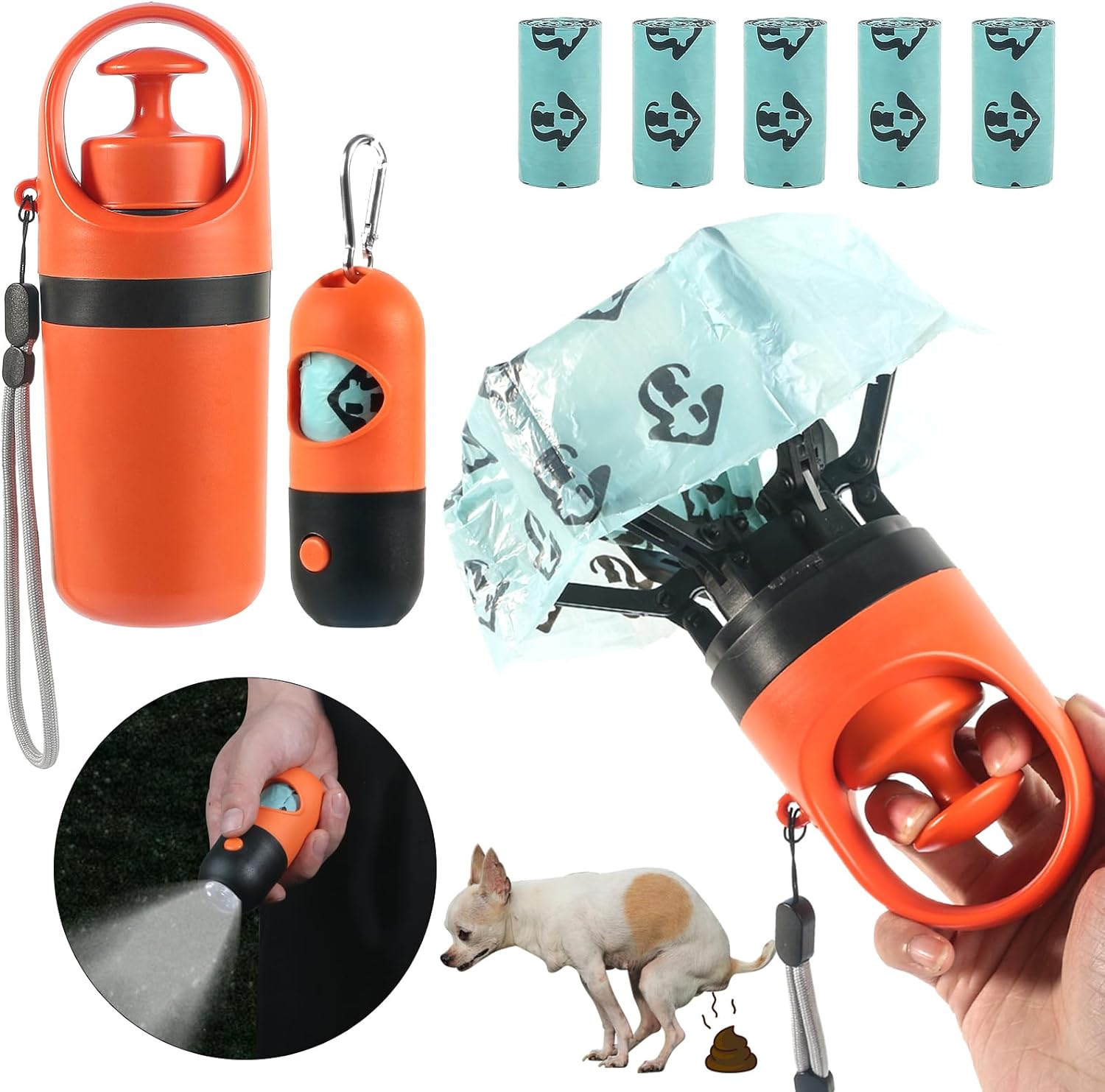 6 Pcs Portable Dog Poop Scooper Set with Holder & Claw Clip, Pooper Bag Dispenser with LED Flashlight, Leash Attachable, Dog Walker Waste Picker for Small Medium Large Dogs, 90 Bags Include