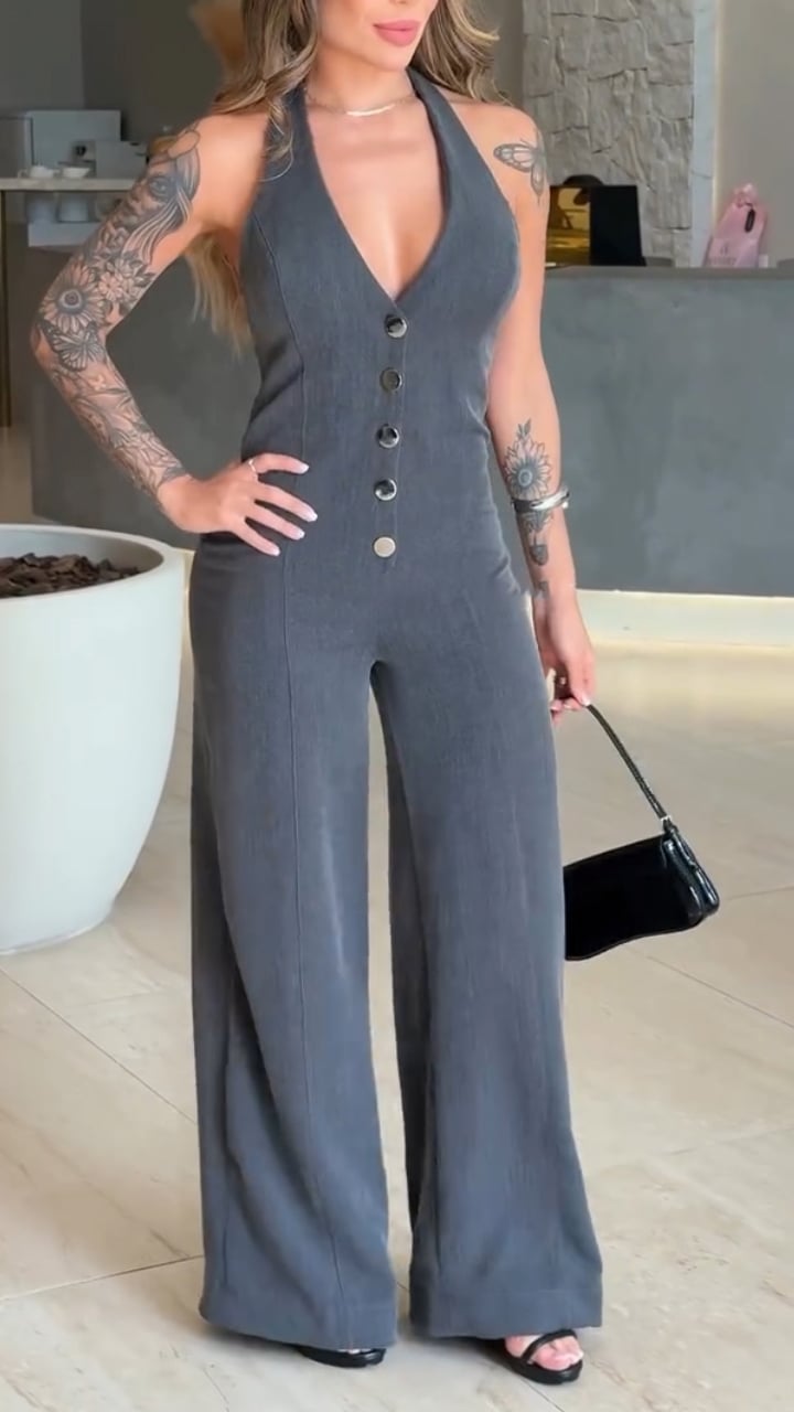 Women's V-neck Sleeveless Halter Neck Button Casual Jumpsuit