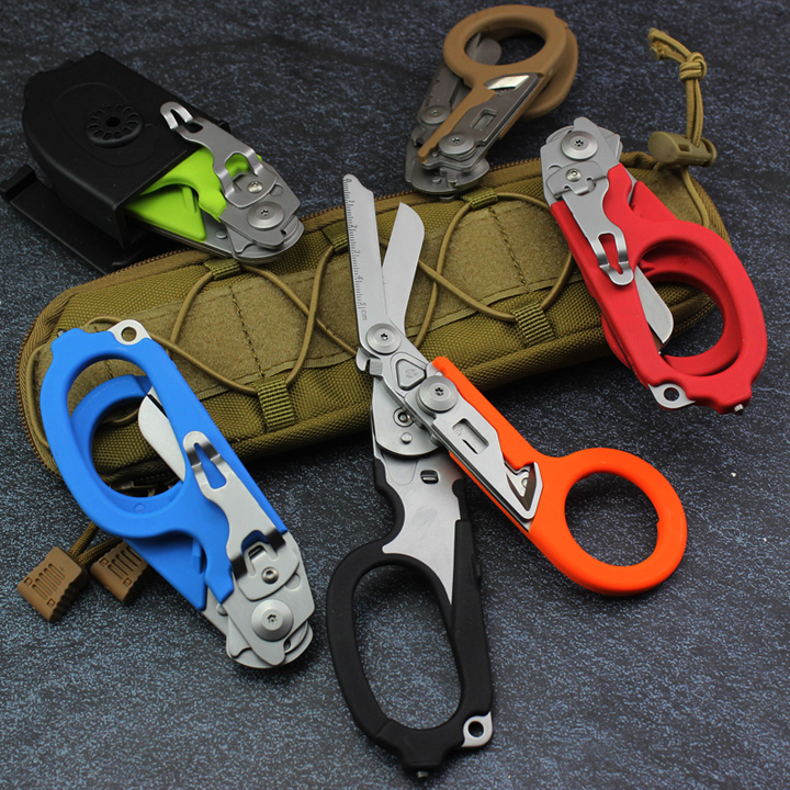 6 In 1 Emergency Rescue Foldable Shears with Strap Cutter & Glass Breaker & Oxygen Tank Wrench