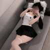 Cute Cat Ear Crop Top & Pleated Skirt Set - Playful Cartoon Print Outfit  PPF0335