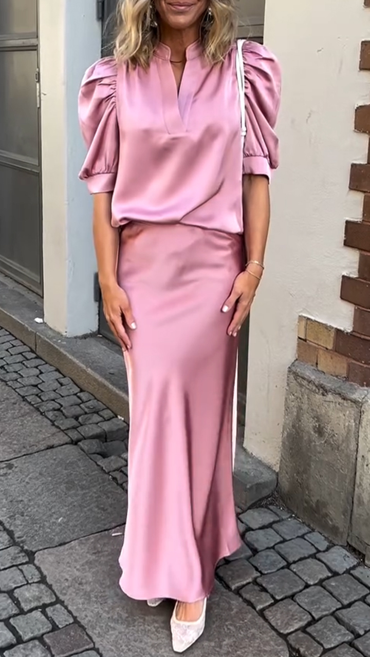 Women's V-neck Satin Top+midi Skirt Temperament Commuting Set