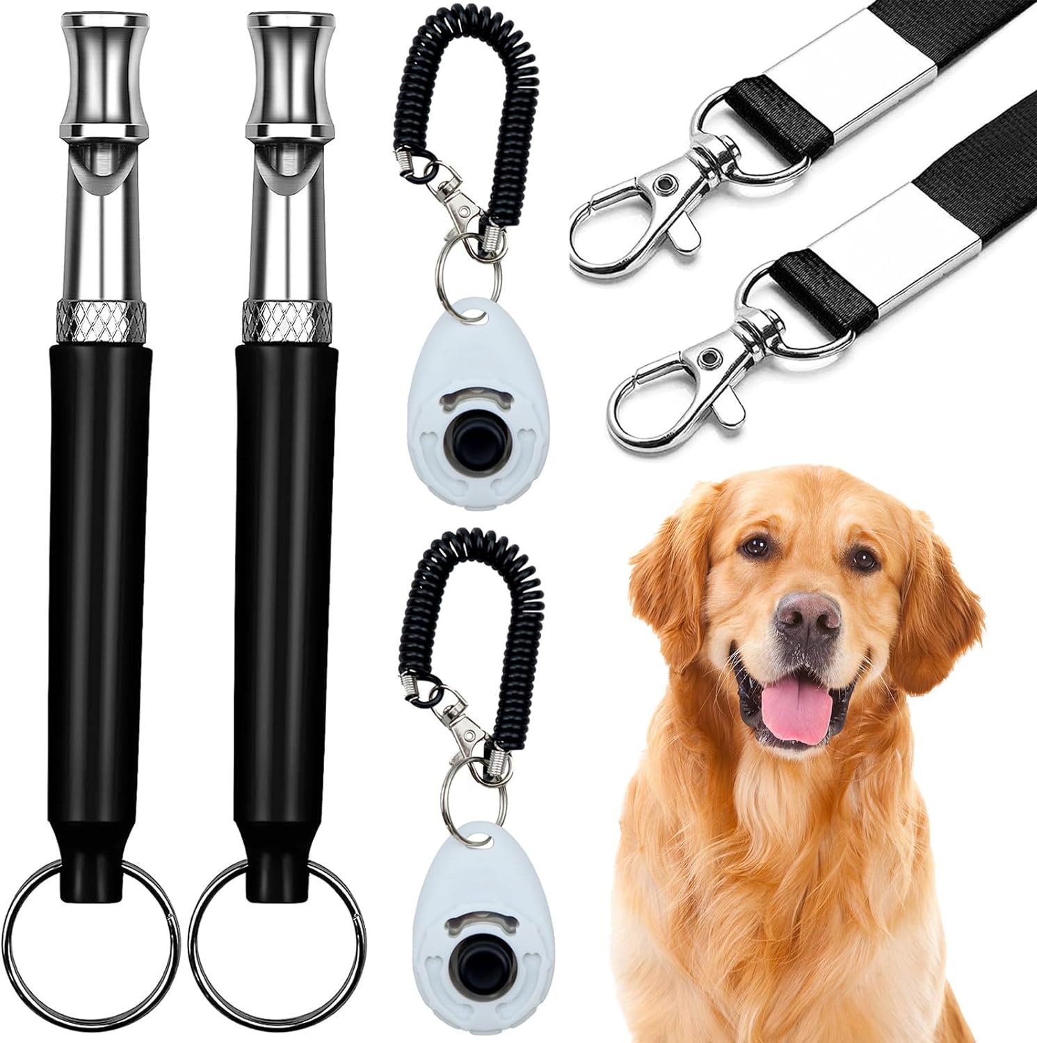 2 Pack Dog Whistle, 2 Pack Dog Clicker, 2Pack Lanyard, Dog Training Kit, Professional Recall Dog Training Whistles, Adjustable Ultrasonic Silent Dog Whistle (Black)