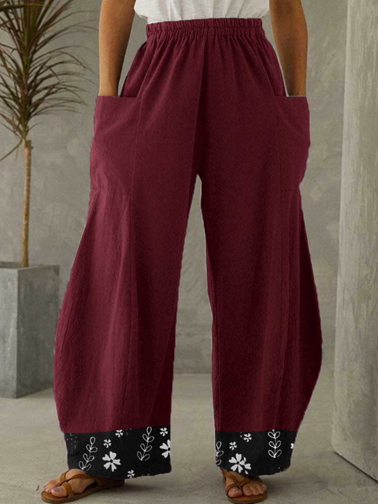 Women Pure Color Pocket Printing Pants