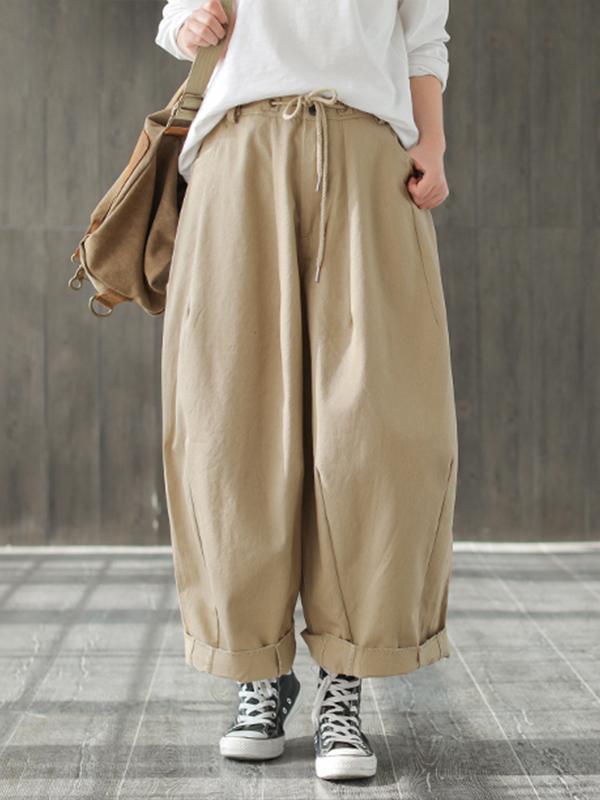 Odessa Vintage Loose Belted Ruffle Cotton Wide Leg Pants with Turnover Hems