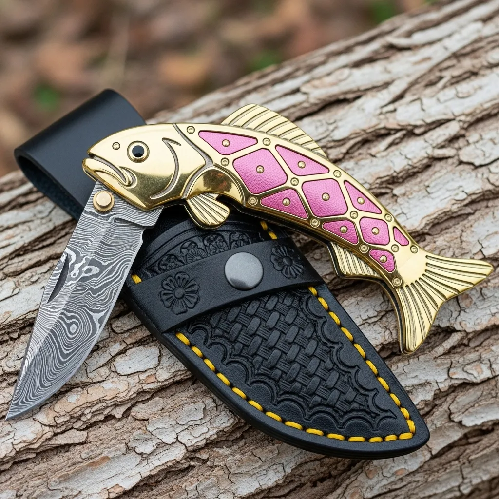Exquisite Fish-Shaped Damascus Folding Knife