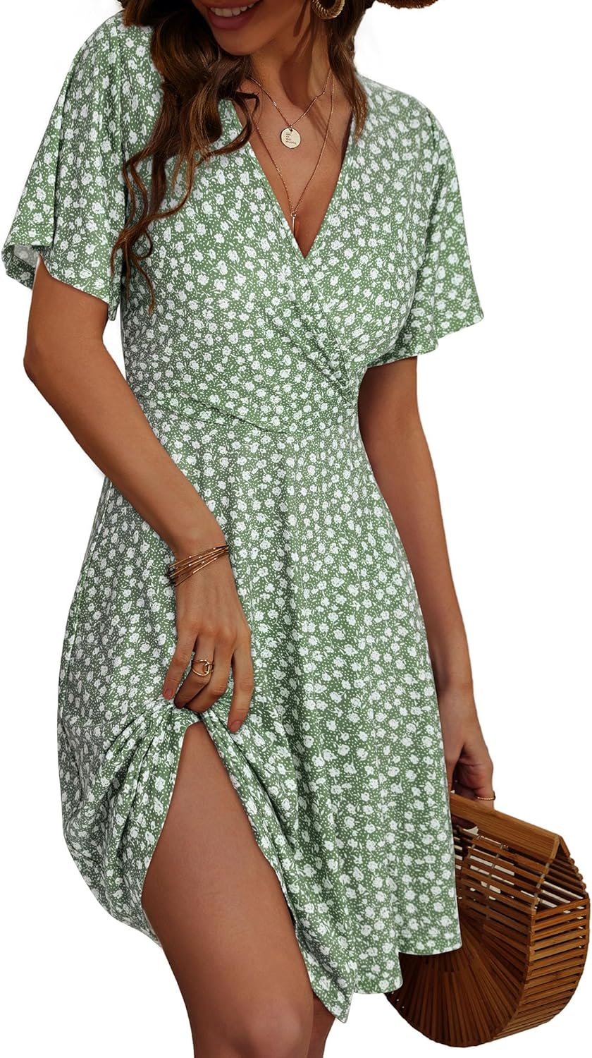 FENSACE Womens Sundress Summer Floral Short Sleeve Wrap V Neck A-Line Midi Dress