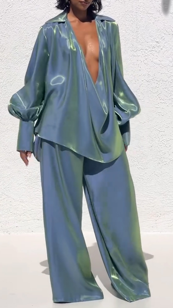 Women's V-neck Lapel Shiny Fabric Fashion Casual Suit