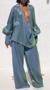 Women's V-neck Lapel Shiny Fabric Fashion Casual Suit