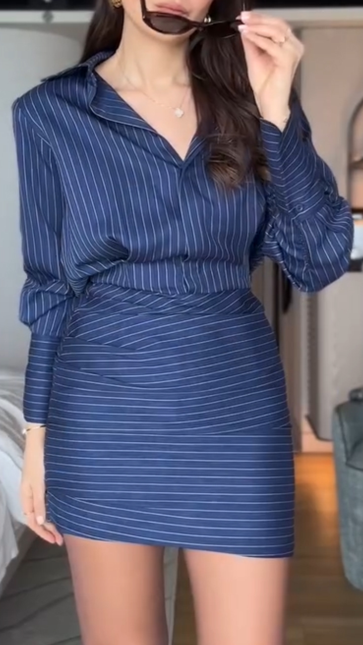 Women's Lapel Striped Hip-wrapped Commuting Casual Dress