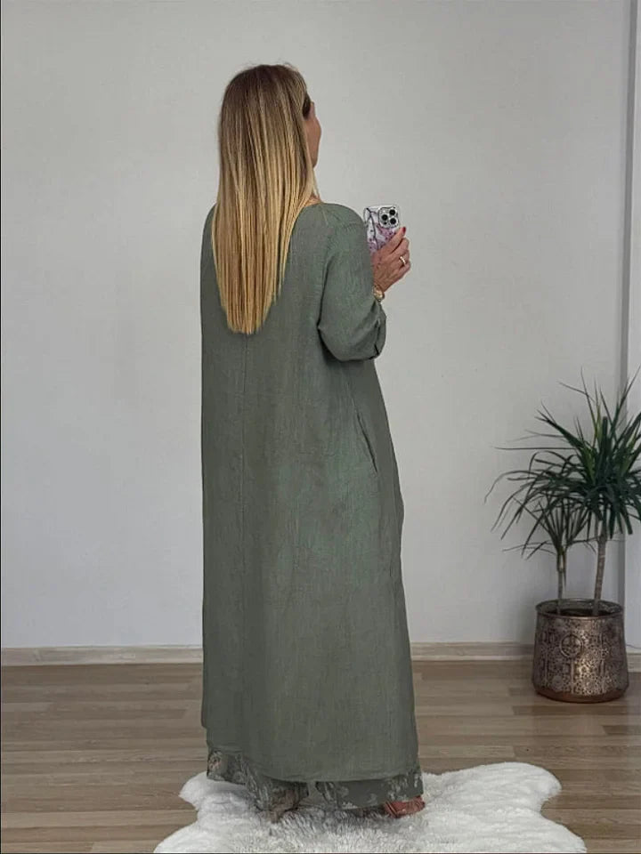 Linen Blend Crew Neck Long Sleeve Irregular Loose Top and Elastic Waist Floral Print Casual Pocket Set