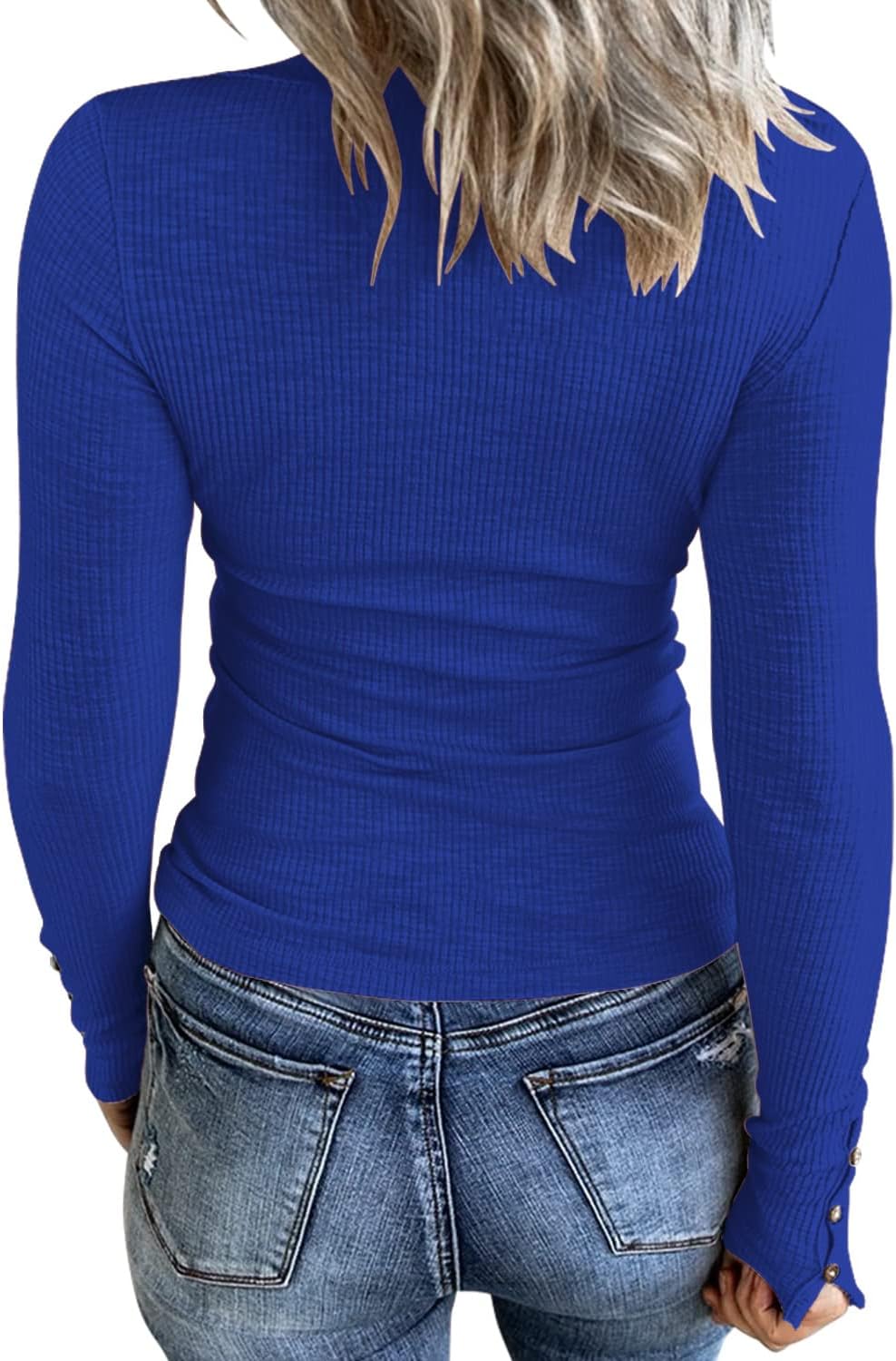 KINLONSAIR Women’s Long Sleeve Henley T Shirts Button Down Slim Fit Tops Scoop Neck Ribbed Knit Shirts