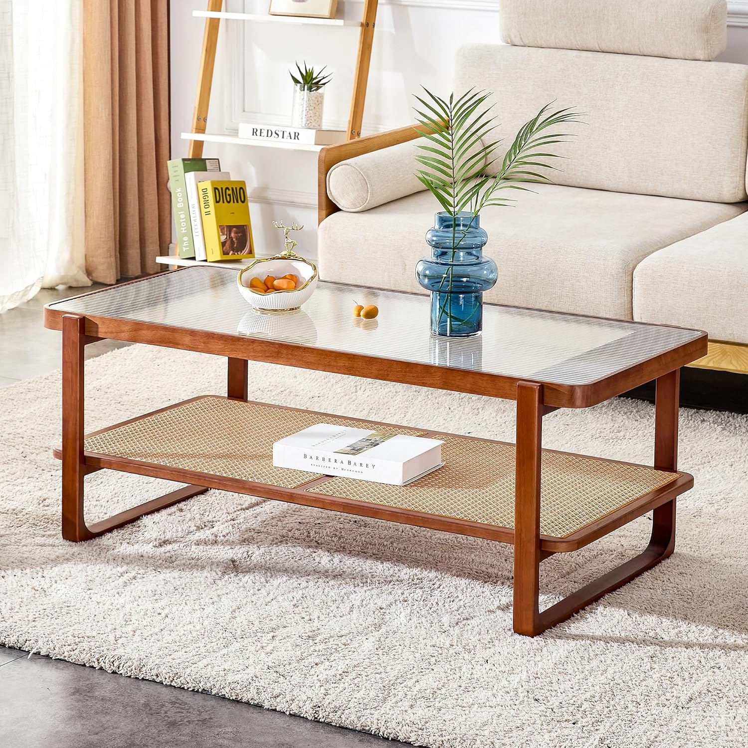 Mid Century Modern Coffee Table with Storage, 41.3 Inch Rectangle Wooden Accent Center Tables with Sliding PE Rattan Woven Door Panel and Solid Wood Legs, Suitable for Living Room, Apartment