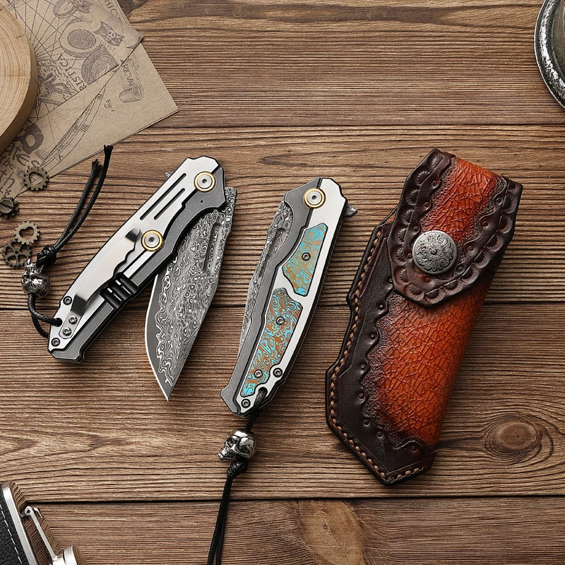 Handmade Damascus EDC Folding Knife | With Sheath for Outdoor Use
