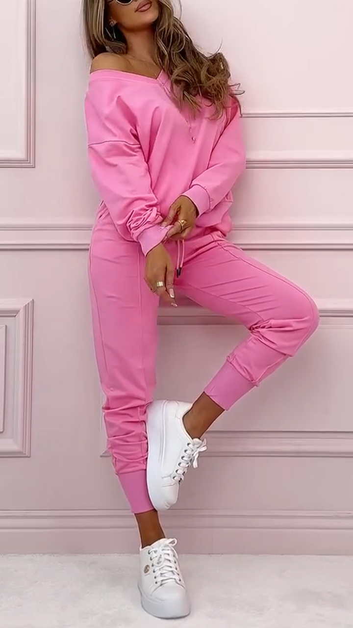 Women's V-neck Casual Sports Sweatshirt Suit