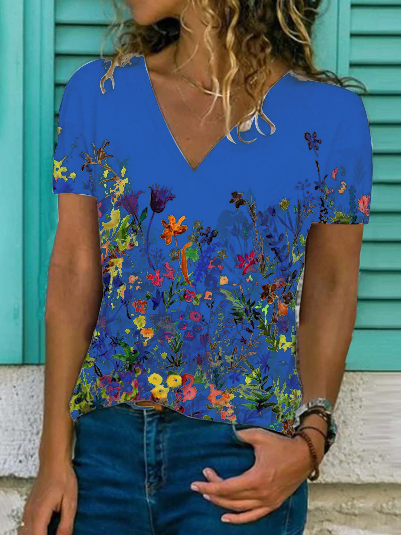 2021 flower print casual V-neck short-sleeved T-shirt for women